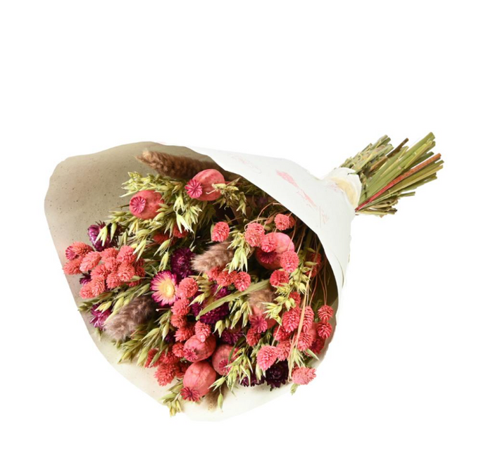 Zoe's Favorite large dried flower bouquet in pink, red and coral, wrapped in paper