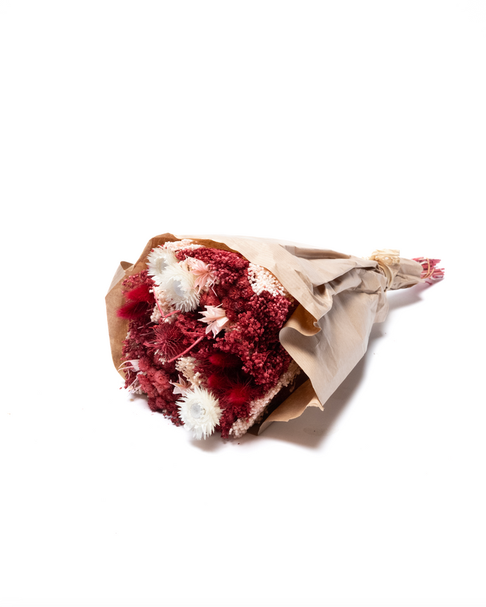 Merlot dried flower bouquet in deep red and burgundy, wrapped in paper
