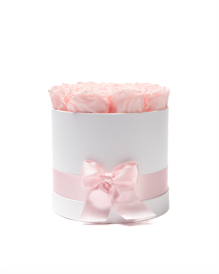 Twelve pale pink preserved roses in a round hat box