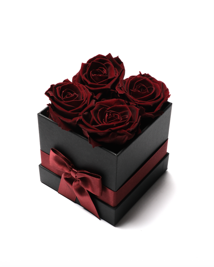 Four preserved roses in a small square gift box