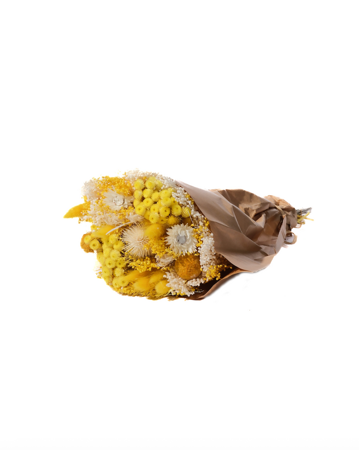 Medium Sunshine dried flower bouquet in yellow and cream, wrapped in paper