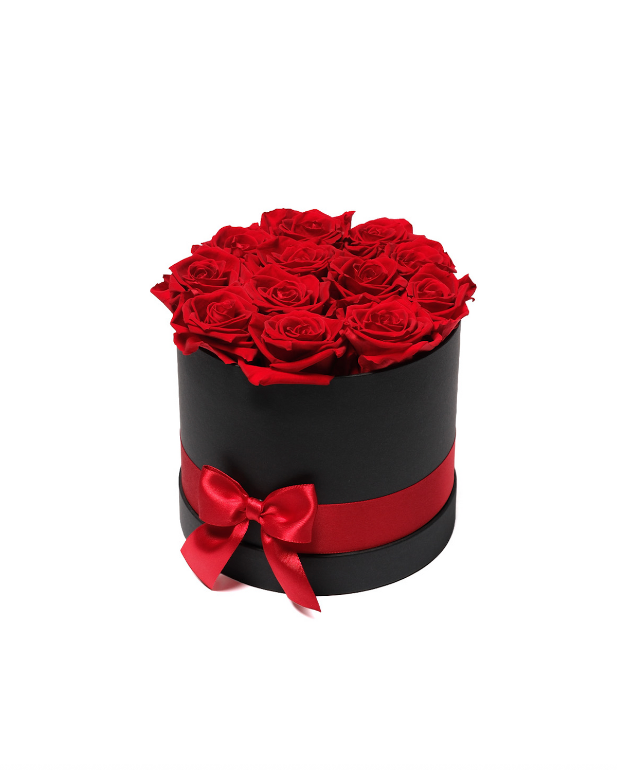 A hat box of red preserved roses